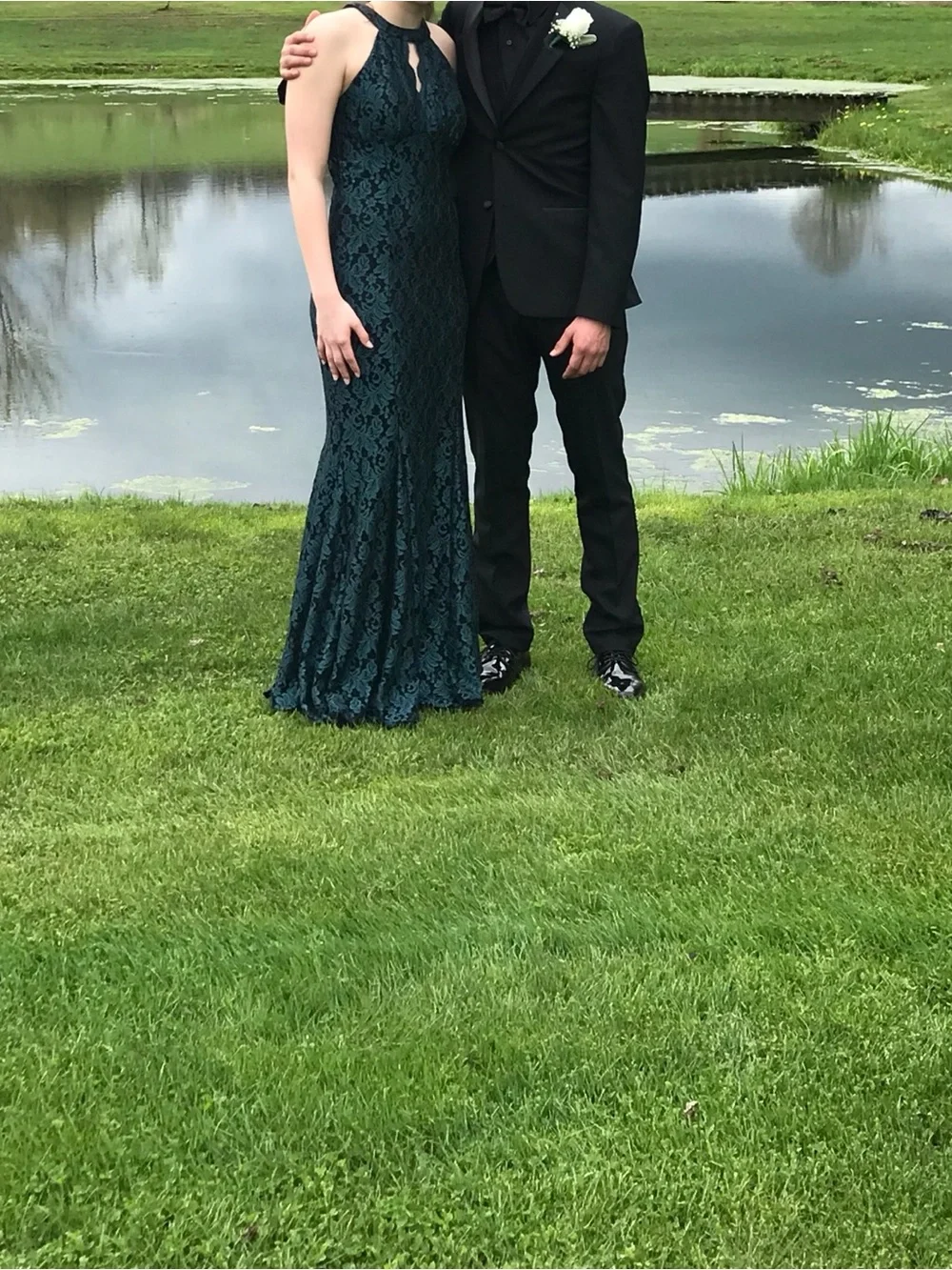 David's Bridal Teal Lace Halter Prom Dress